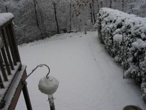 Click to enlarge: snow-covered lawn, bird feeder, etc.